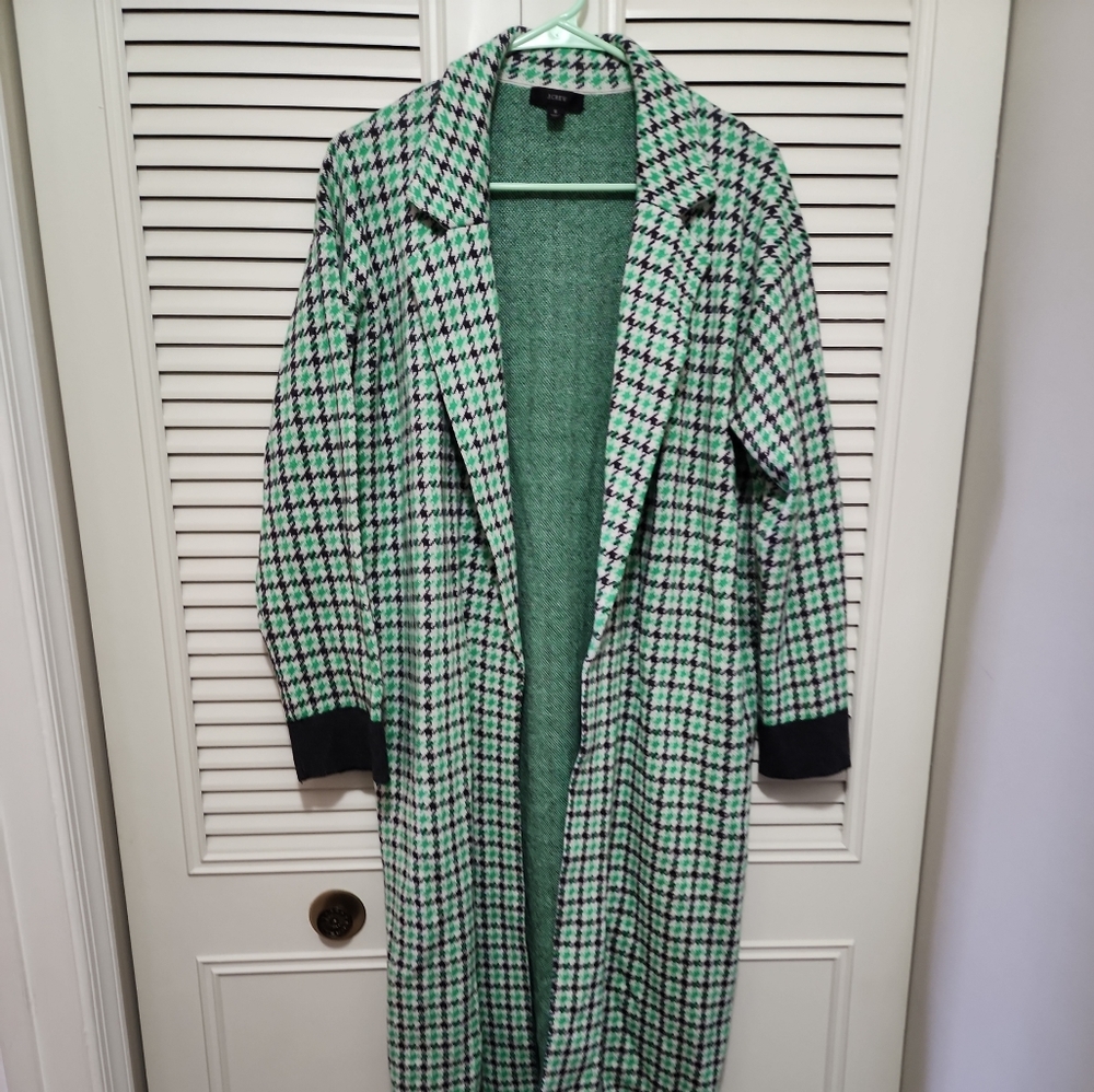 J. Crew Mint & Black Houndstooth Long Open Cardigan